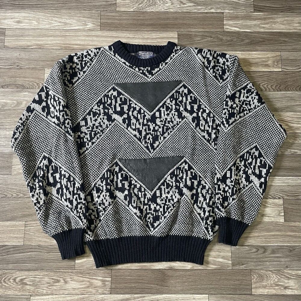 Vintage Barnaby Knit Sweater Men’s Medium Textured White Black Abstract Hipster